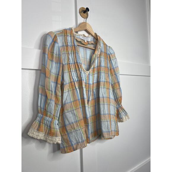 NEW Hunter Bell Pintuck 3/4 Sleeve Deep V-Neck Eyelet Trim Mia Plaid Top - Picture 3 of 7